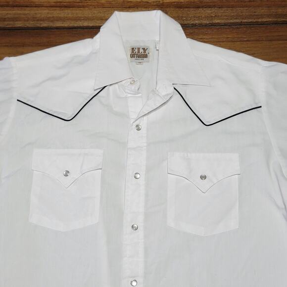 Ely Cattleman LS White Pearl Snap Western Shirt w/ Black Trim - Size Medium - Picture 2 of 6